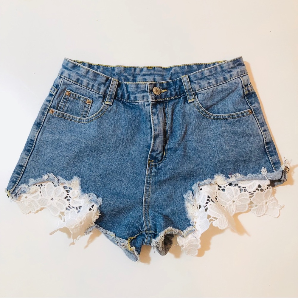 Lace Trim Jean Cutoff Shorts